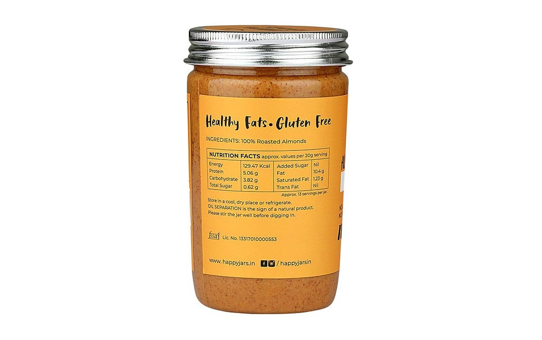 Happy Jars Almond Butter Unsweetened 100% Natural   Glass Jar  265 grams